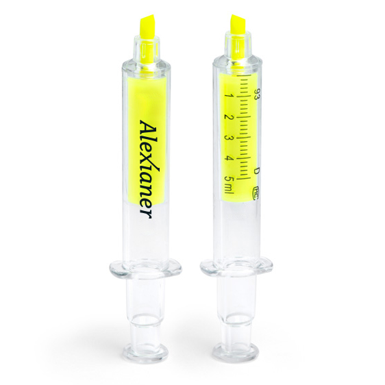 Textmarker Spritze (gelb, pink oder blau)